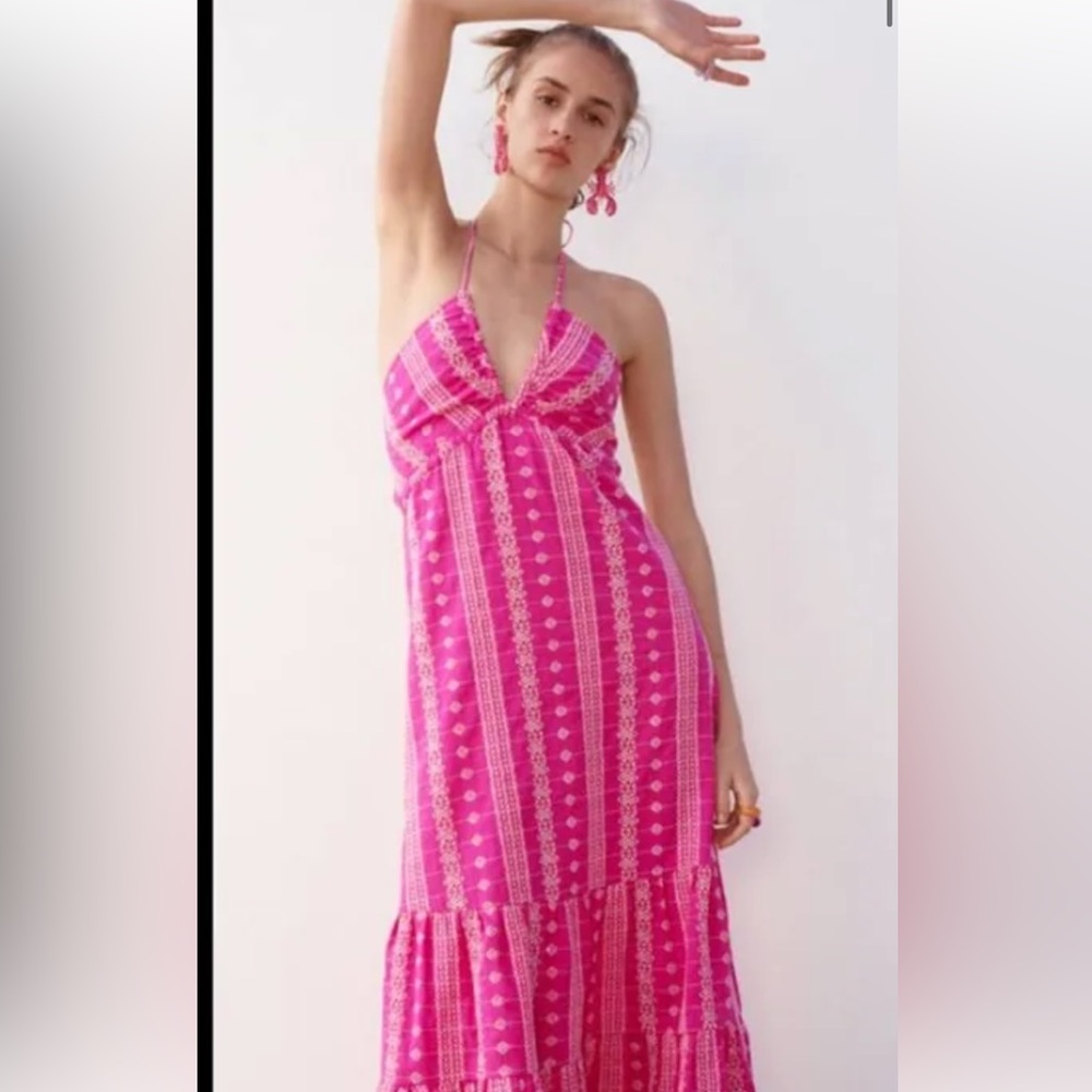 Zara Embroidered Openwork Halter Dress
